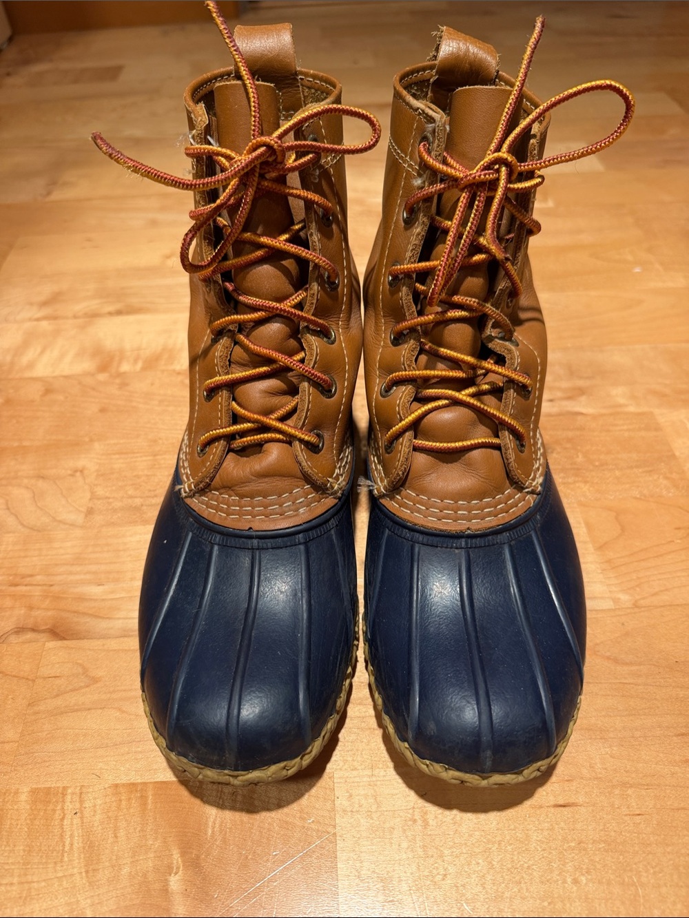 L.L. Bean Brown Leather and Navy Rubber Duck Boots
